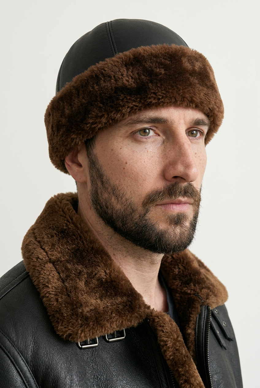 Black Sheepskin Beanie Hat by Shearlord, featuring soft, warm sheepskin material and a snug fit for winter comfort.