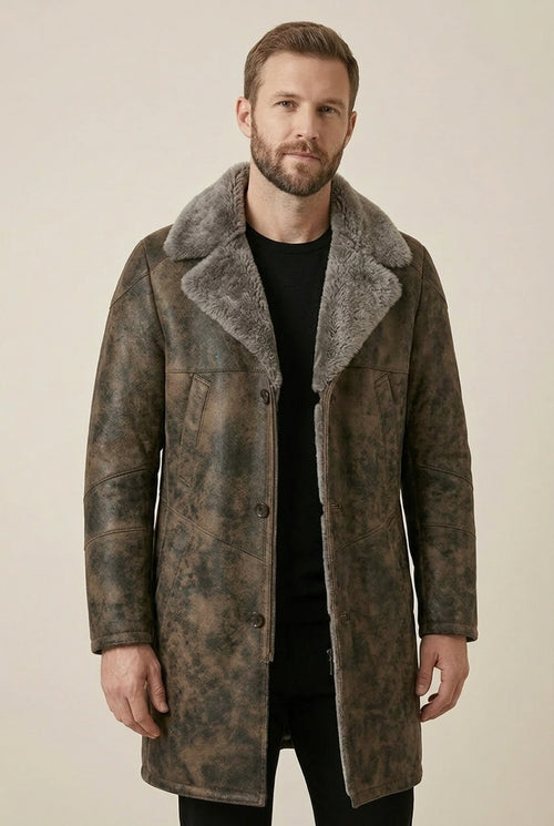 Shearlord Blade Toscana sheepskin shearling coat in natural brown with plush shearling interior and tailored fit.