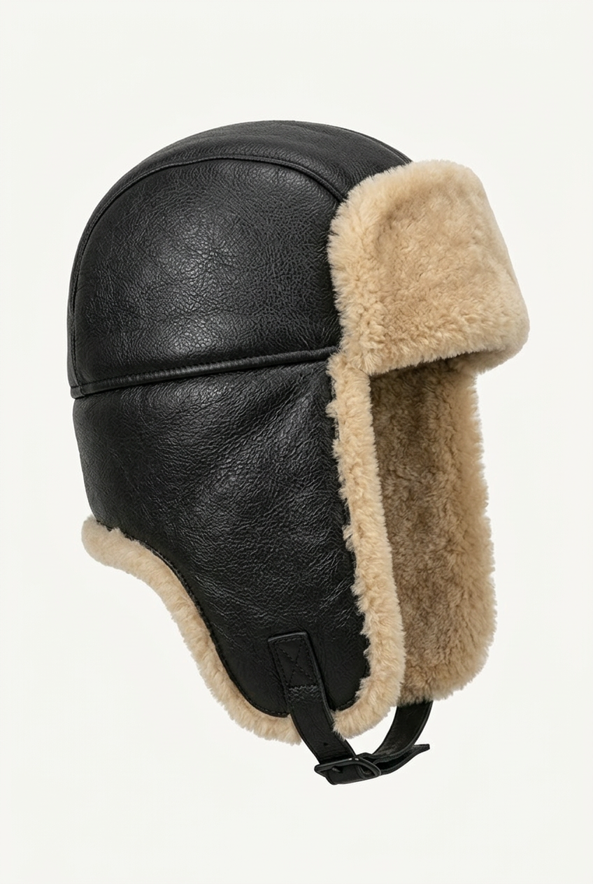 Black and cream sheepskin leather pilot hat by Shearlord with a classic aviator style and warm, soft lining.